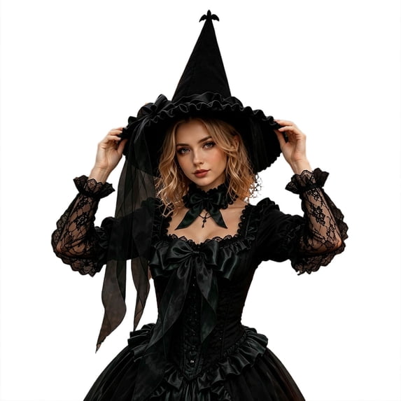 Zijinkuiwen Womens Witch Hat with Bat Ornament Satin Bow Ruffled Satin Trim Long Ribbon for Halloween Cosplay Fancy Dress Costume Accessory