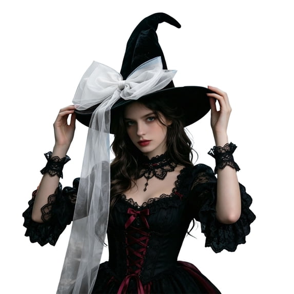 Zijinkuiwen Womens Witch Hat with Large Organza Bow Long Flowing Tulle Ribbon for Halloween Cosplay Fancy Dress Costume Accessory