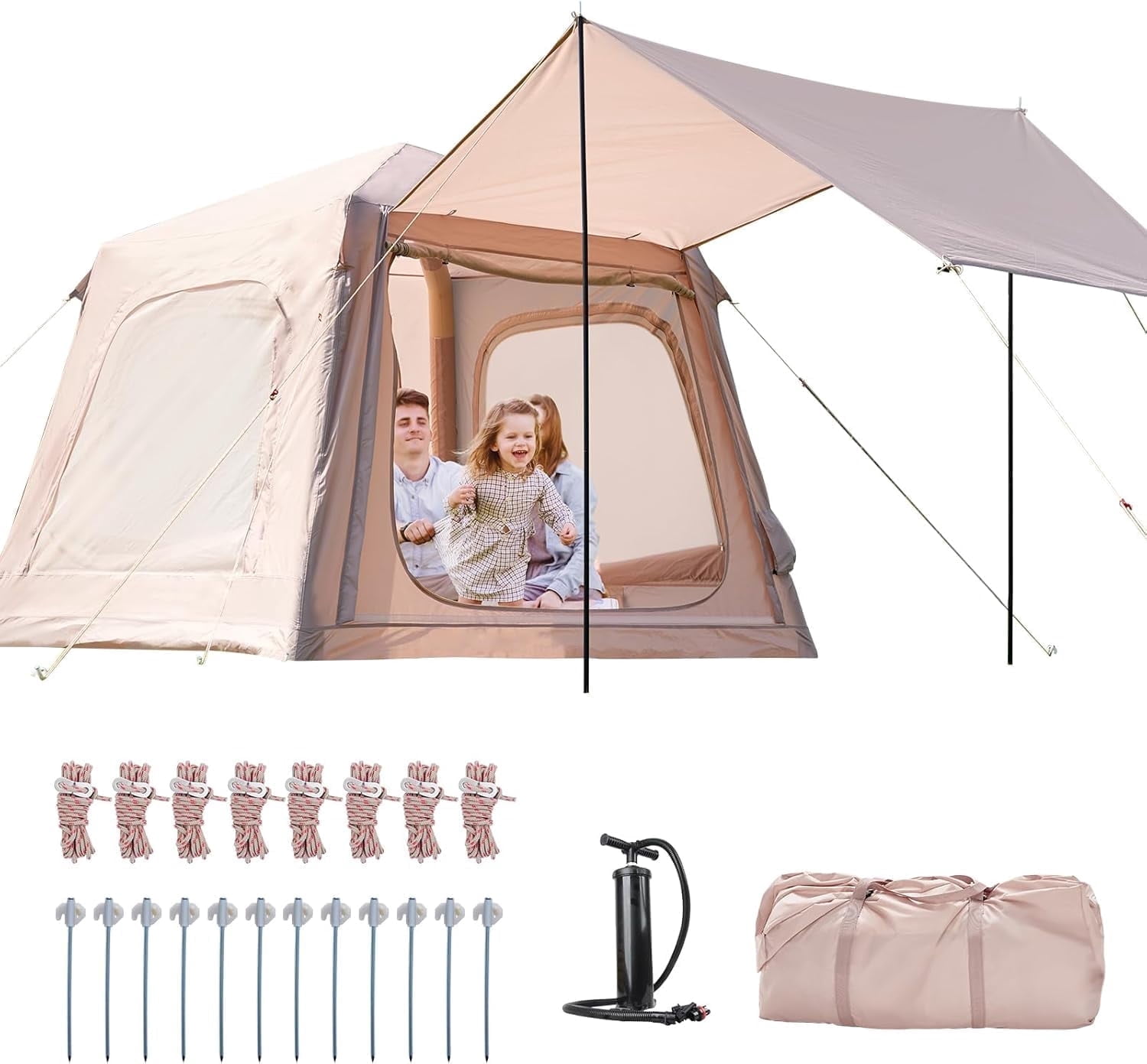 Zikebtuy 2/6/8 Person Inflatable Camping Tent, Easy Setup Blow Up Air Tent with Hand Pump, Waterproof 4-Season Glamping Tent with Large Mesh Windows & Oversized Canopy for Couples, Group & Family