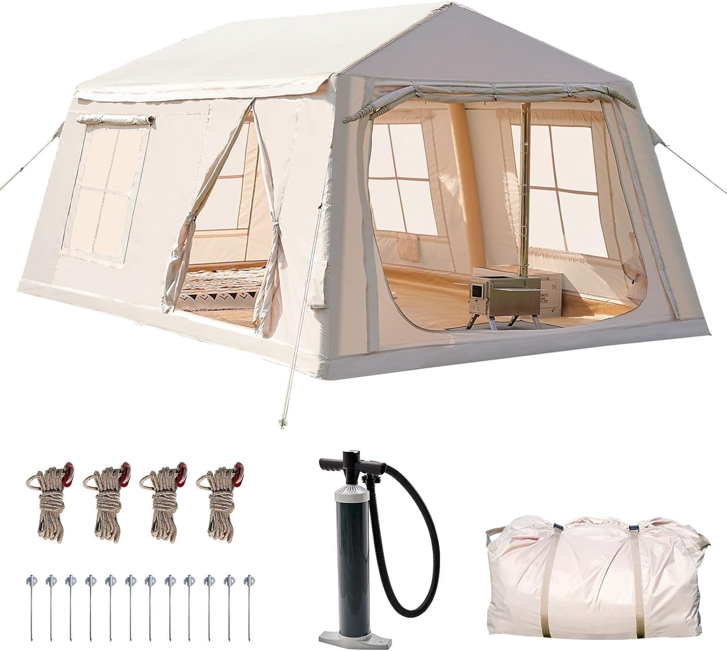 Zikebtuy 2/6/8 Person Inflatable Camping Tent, Easy Setup Blow Up Air Tent with Hand Pump, Waterproof 4-Season Glamping Tent with Large Mesh Windows & Oversized Canopy for Couples, Group & Family