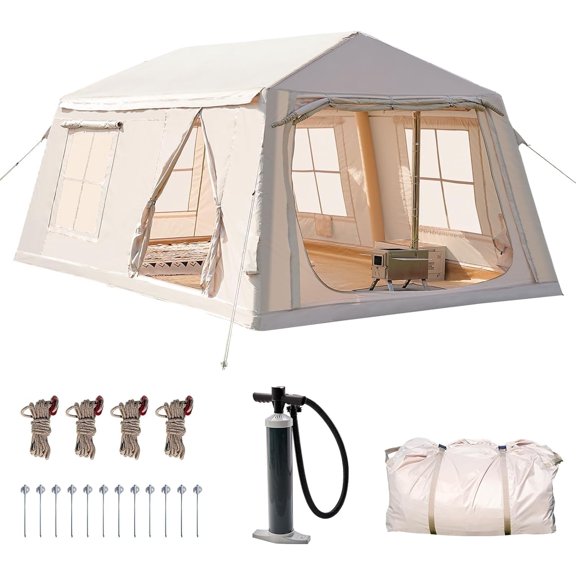 Zikebtuy 2/6/8 Person Inflatable Camping Tent, Easy Setup Blow Up Air Tent with Hand Pump, Waterproof 4-Season Glamping Tent with Large Mesh Windows & Oversized Canopy for Couples, Group & Family