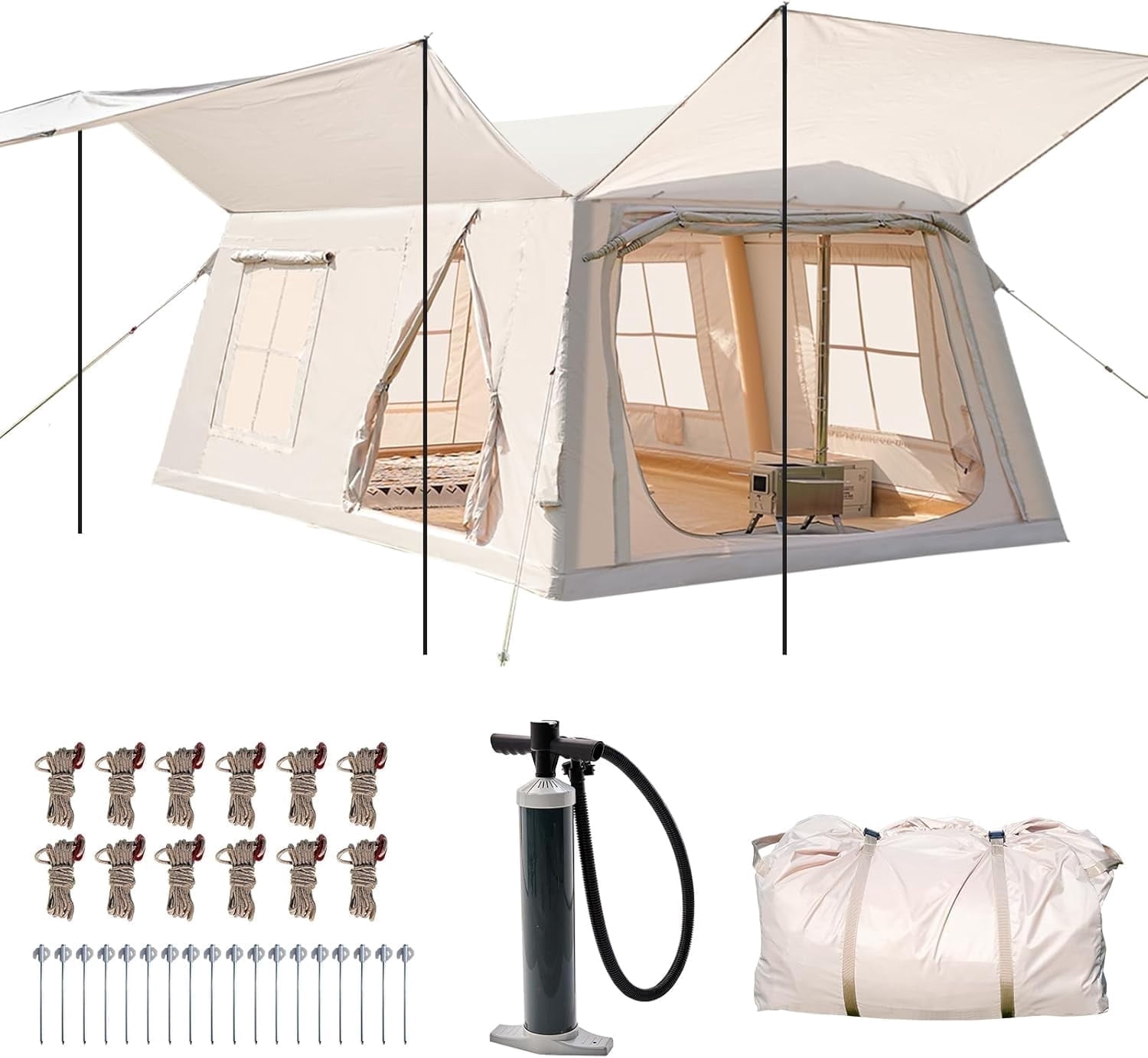 Zikebtuy 2/6/8 Person Inflatable Camping Tent, Easy Setup Blow Up Air Tent with Hand Pump, Waterproof 4-Season Glamping Tent with Large Mesh Windows & Oversized Canopy for Couples, Group & Family