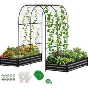 Zikebtuy 3 in 1 Raised Garden Bed with 87in Tall Arch Trellis, Galvanized Metal Outdoor Planter, Black