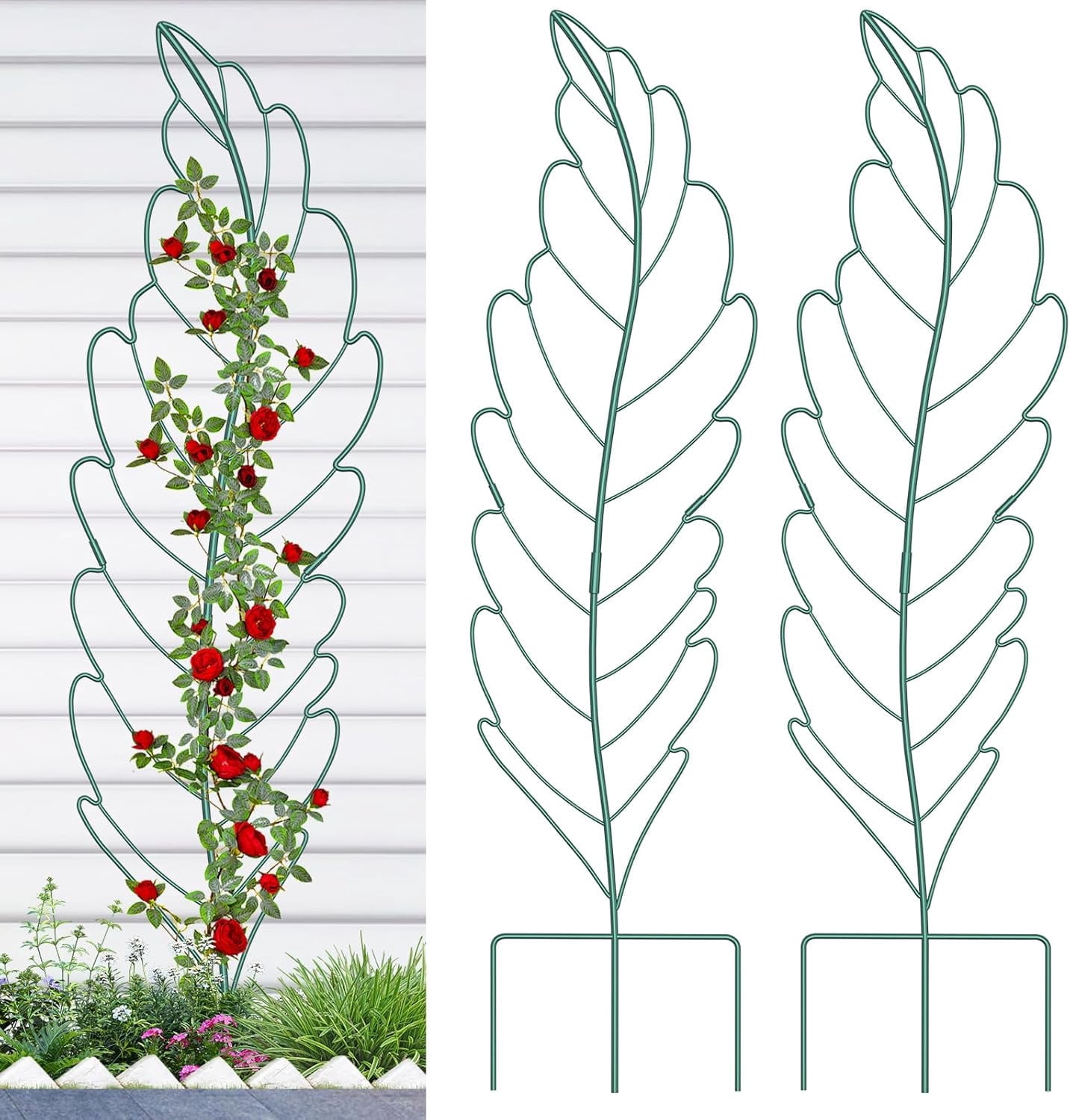 Bronkige 3Pack Leaf Metal Garden Trellis for Climbing Plants Outdoor, Metal Plant Trellis for Flowers Tomato Cucumber Rose Vegetable Support Garden Decoration, Green