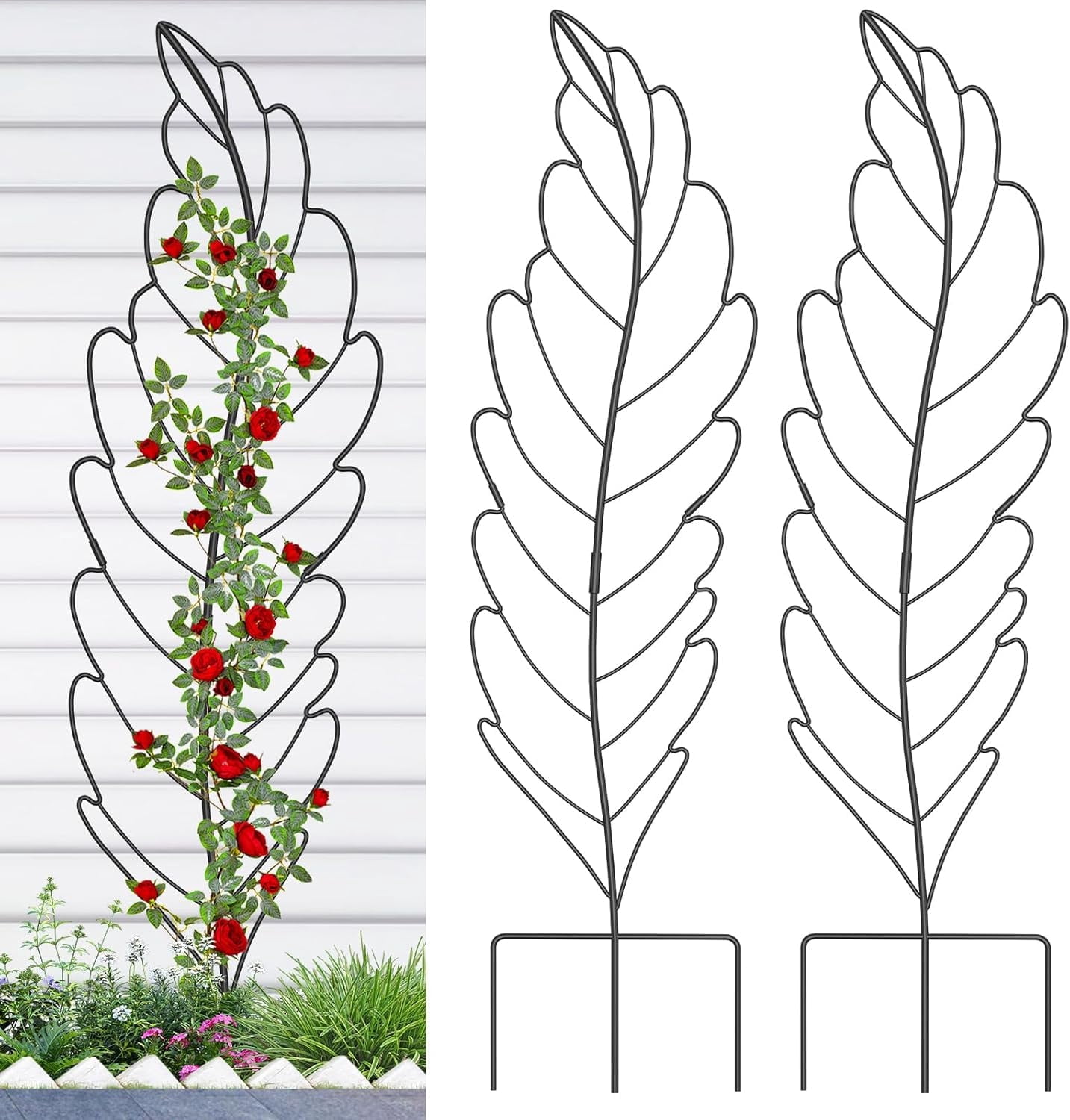 Bronkige 3Pack Leaf Metal Garden Trellis for Climbing Plants Outdoor, Metal Plant Trellis for Flowers Tomato Cucumber Rose Vegetable Support Garden Decoration, Black