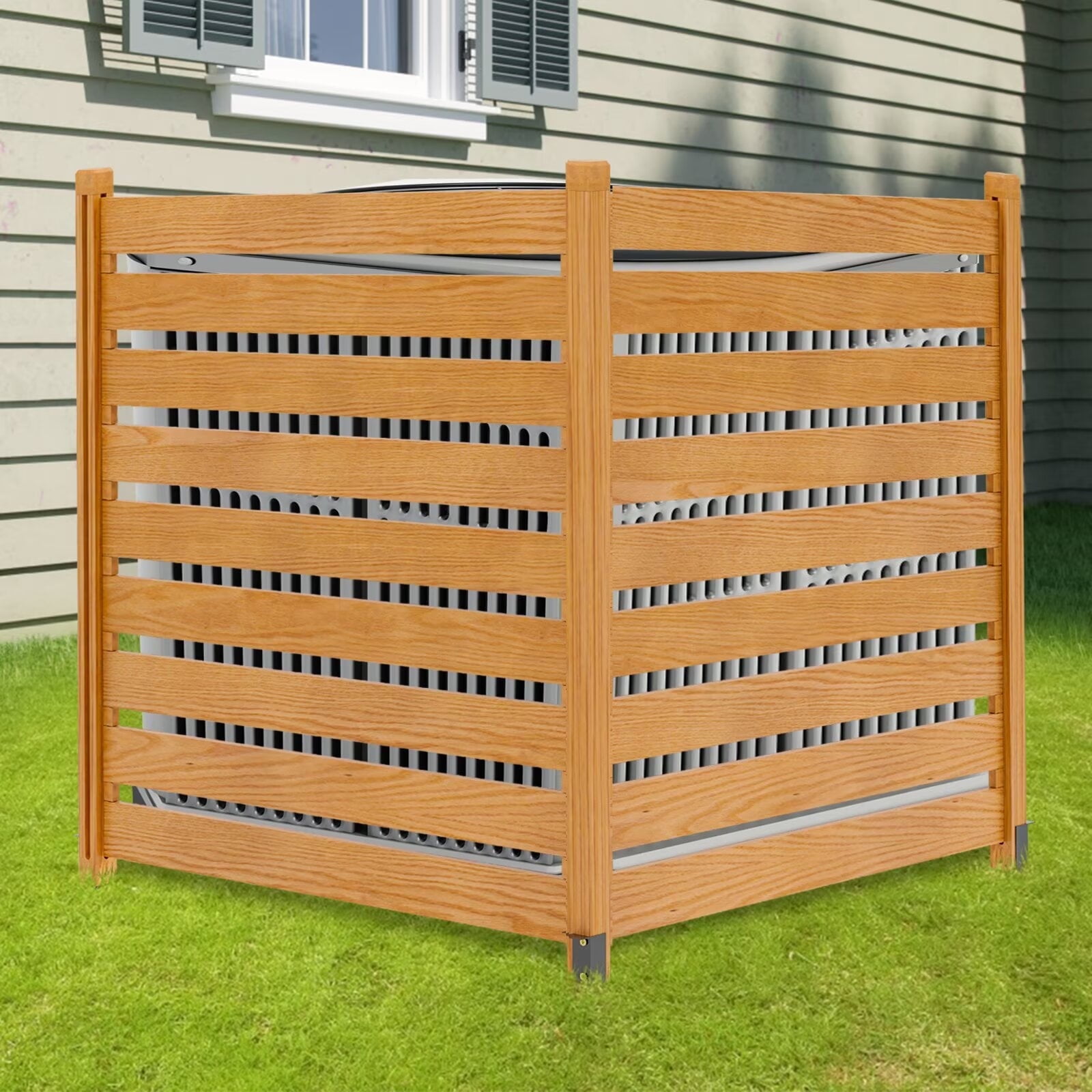 Zikebtuy 48in W x 48in H Air Conditioner Fence, 2 Panels Outdoor Wooden Fence Privacy Screen with Metal Stakes, Trash Can Pool Equipment Enclosure Outside Panels Decorative Fences