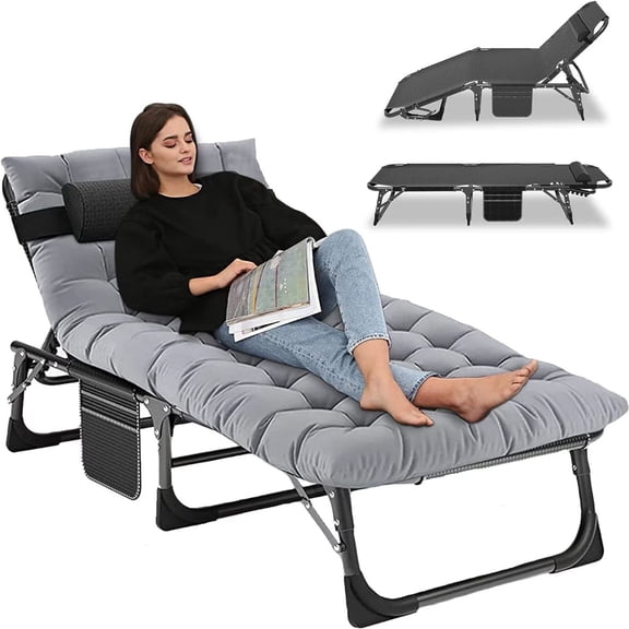 Bronkige 75 '' Folding Camping Cot with Pillow & Cushion, Adjustable 5-Position Reclining Folding Chaise, Patio Lounge Chairs, Portable Folding Lounge Chair, Sleeping Cots