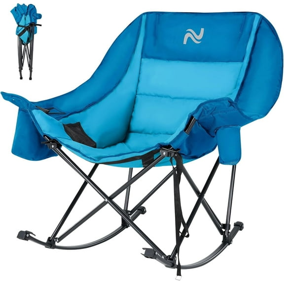 Bronkige Oversized Rocking Camping Chair for Adults, Fully Padded Folding Outdoor Lawn Chair with Cooler Bag & Side Pocket, Portable Recliner Chair for Camp, Patio, Backyard, Supports 400 lbs