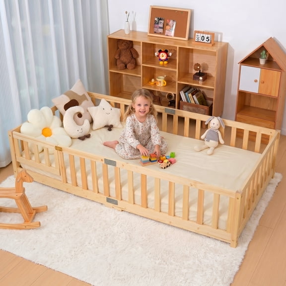 Zikebtuy Twin Montessori Floor Bed for Kids, Solid Wood Frame with Safety Guardrails