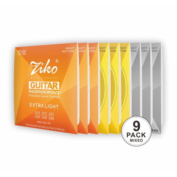 Ziko Acoustic Guitar Strings 10-48 Hex High-Cabron Steel and Brass 9 Pack Set