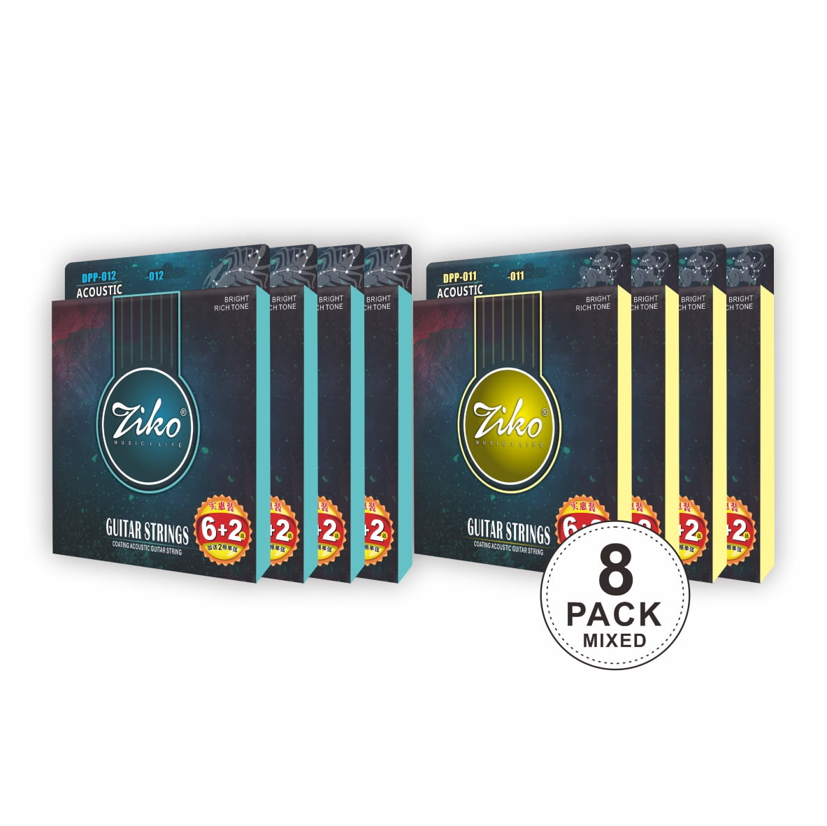 Ziko Acoustic Guitar Strings 11-50 12-53 Hex 95% Phosphor Bronze and Vacuum Coating 8 Pack Set DPP Mixed Pack