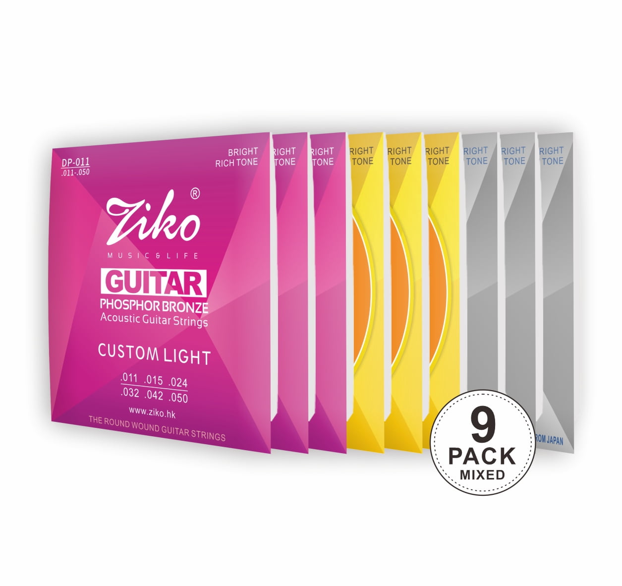 Ziko Acoustic Guitar Strings 11-50 Hex High-Carbon Steel and Brass 9 Pack Set