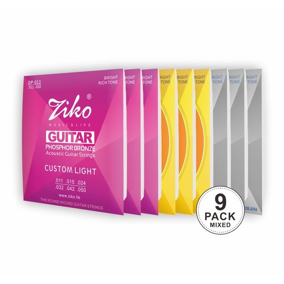 Ziko Acoustic Guitar Strings 11-50 Hex High-Carbon Steel and Brass 9 Pack Set