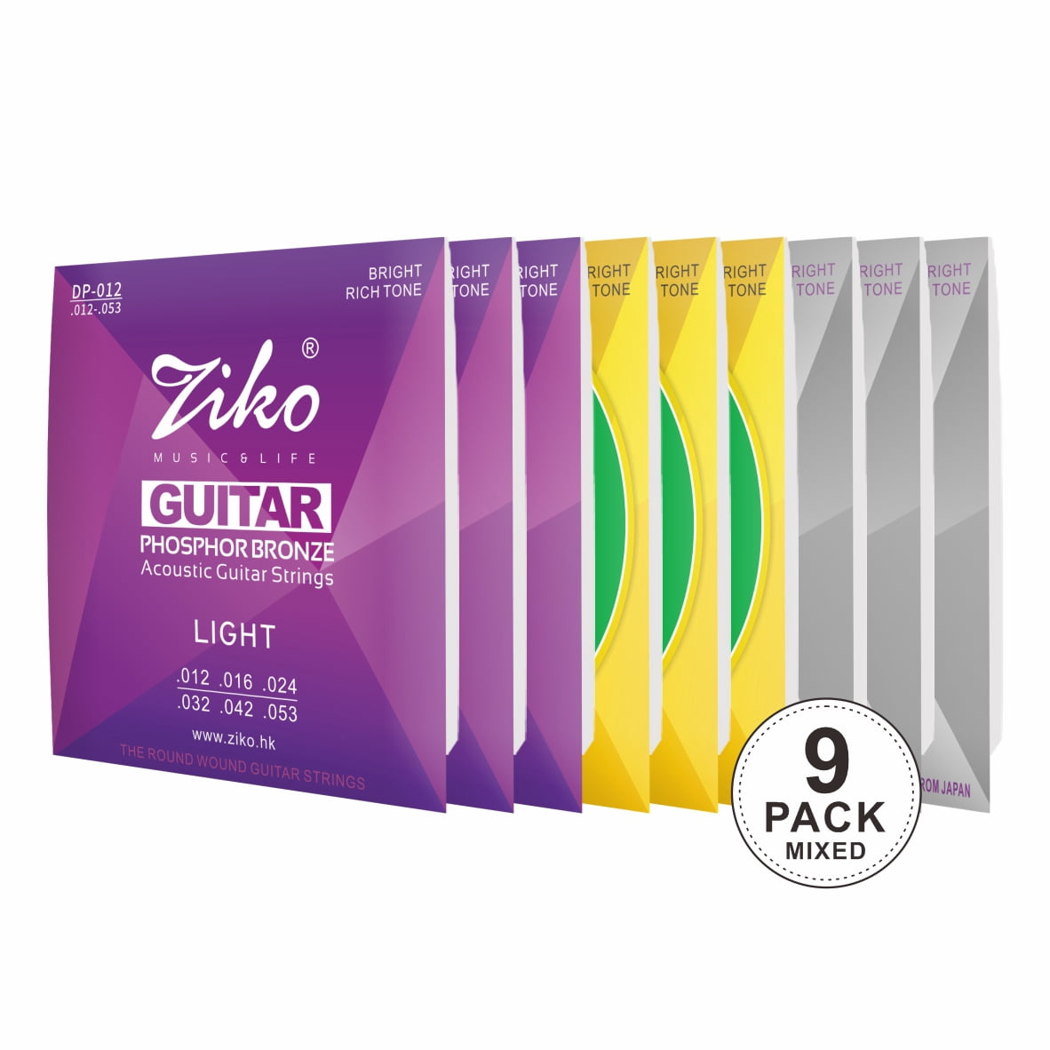 Ziko Acoustic Guitar Strings 12-53 Hex High Carbon Steel and Brass 9 Pack Set
