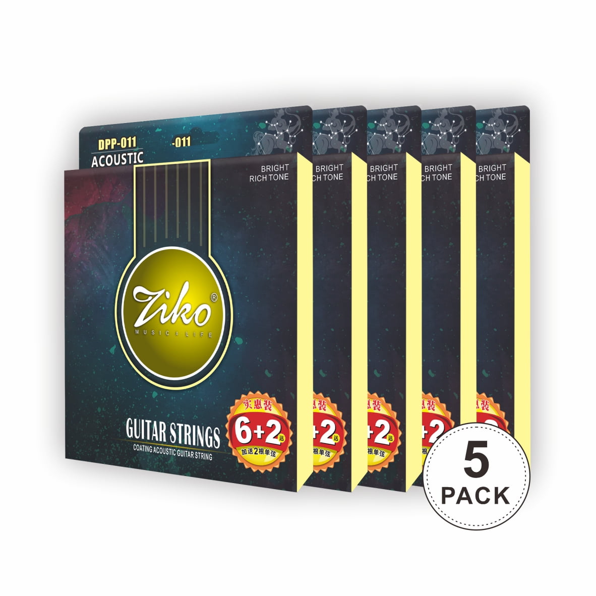 Ziko Acoustic Guitar Strings 95% Phosphor Bronze and Vacuum Coating 11-50 5 Pack Set DPP-011