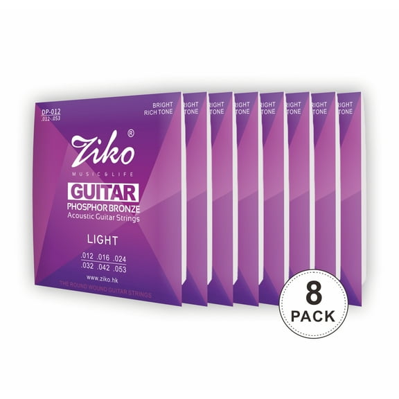 Ziko Acoustic guitar strings 12-53 8 Pack Set 90/10 Hex High-Carbon Steel and Phosphor Bronze DP-012