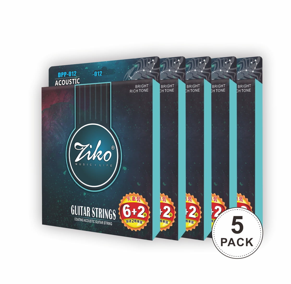 Ziko Acoustic guitar strings 12-53 Hex 95% Phosphor Bronze and Vacuum Coating 5 Pack Set DPP-012