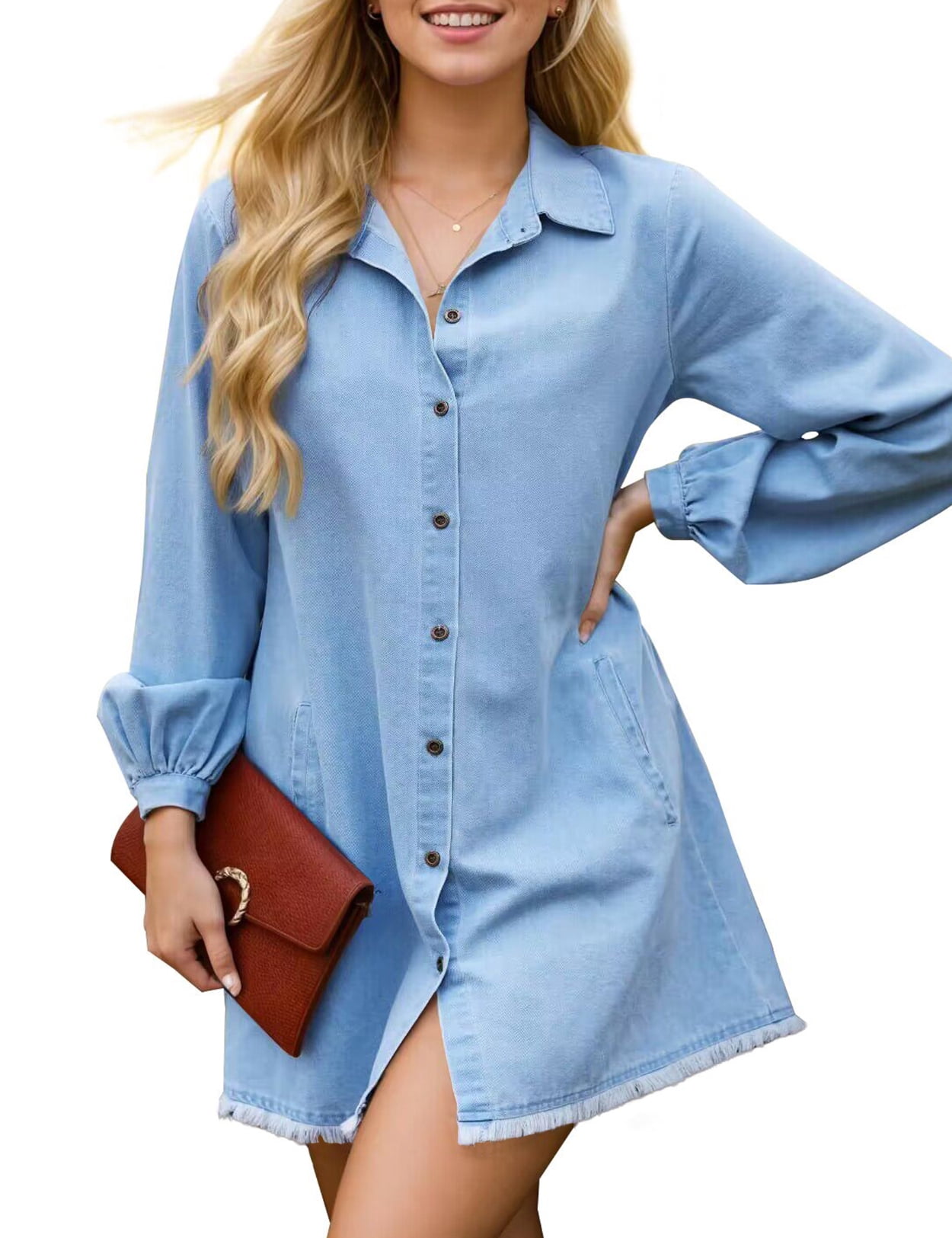 denim dress women 39 Lavender Short Sleeve Button Down Denim Shirt Dress Lavender / XL / 100%Cotton main image 0