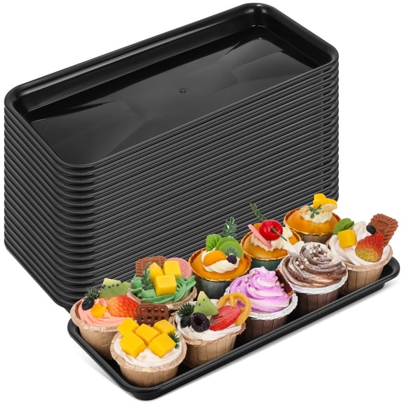 Ziliny 20 Pcs Serving Platters 14 x 6 Inch Rectangle Serving Trays Reusable Food Tray Dishes Dessert Trays Plastic Plates for Wedding Home Table Thanksgiving Christmas Party(Black) A101