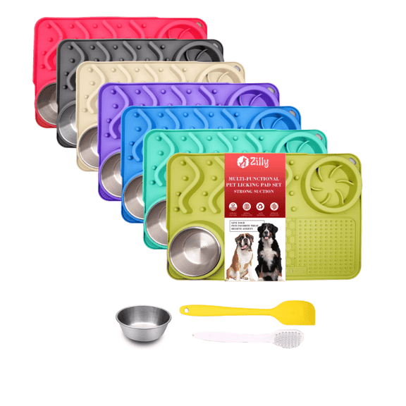 Zilly Slow Feeder Lick Mat Food Grade Silicone Dog Food Mat with One Stainless Steel Bowl, Yellow
