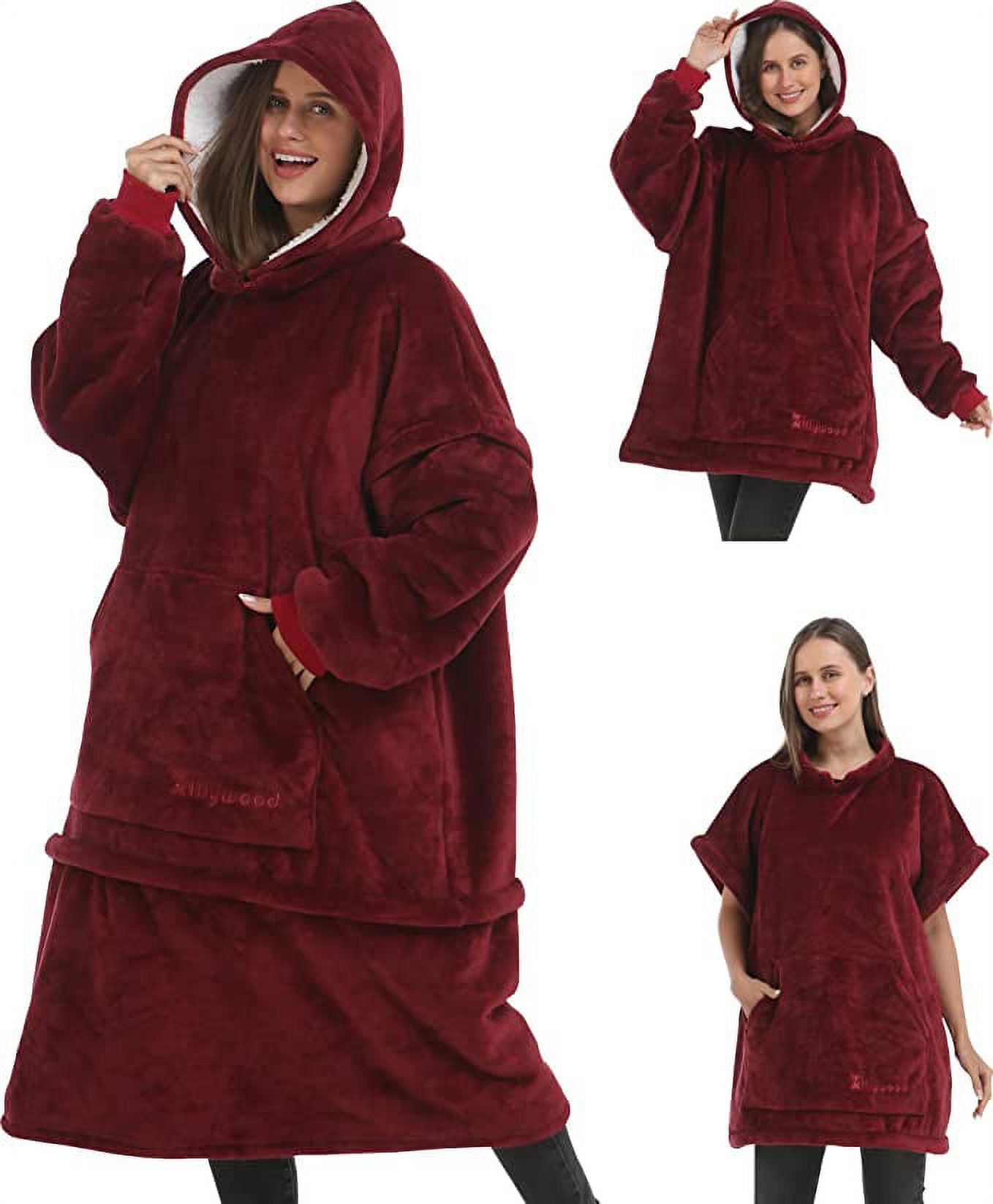 Zillywood Oversized Wearable Blanket Hoodie with Removable Sleeves, Hood and Bottom. Soft Customizable Fleece Blanket Hoodie with Sleeves, Wearable Warm Snuggle Blanket with Zippers. (Wine, One Size)