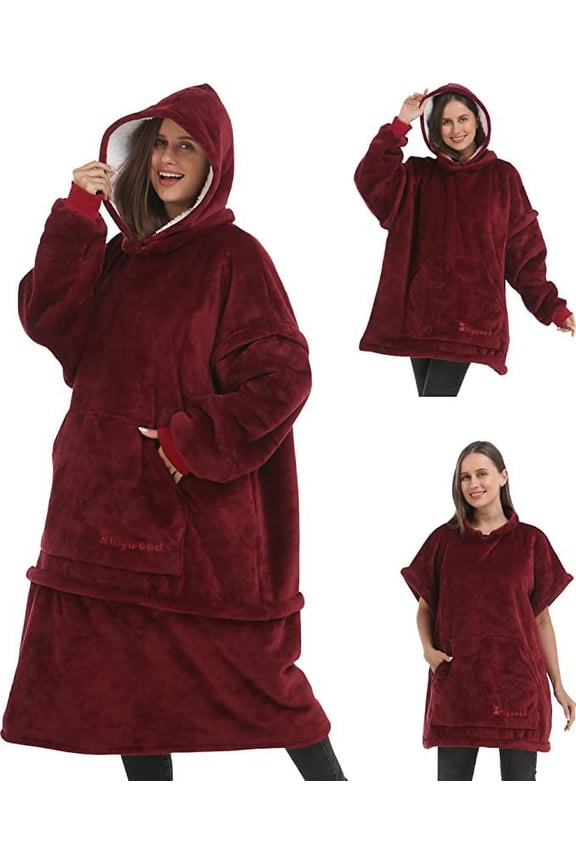 Oversized Wearable Blanket Hoodie with Removable Sleeves, Hood and Bottom. Soft Customizable Fleece Blanket Hoodie with Sleeves, Wearable Warm Snuggle Blanket with Zippers. (Wine, One Size)