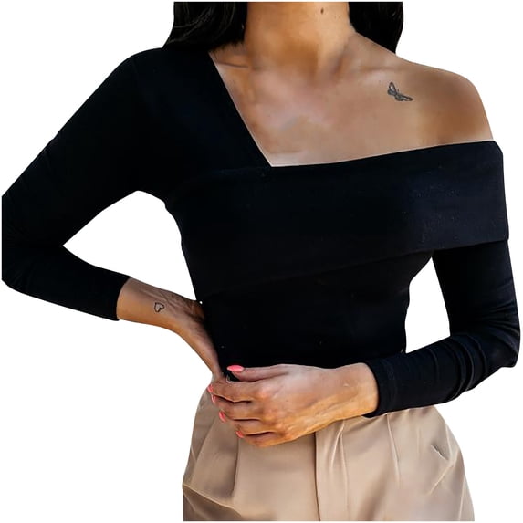 Ziloco Long Sleeve Off-The-Shoulder Blouses Shirts Shirts for Women Casual Summer Women Solid Slim Off Shoulder Pullover Long Sleeve Blouse Tops Halter Top