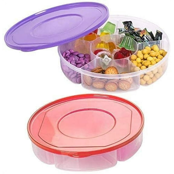 Zilpoo 2 Pack - Candy and Nut Serving Container, Appetizer Tray with Lid, 6 Compartment Round Plastic Food Storage Lunch Organizer, Divided Christmas Keto Snack Plate, Dish Platter w/ Cove