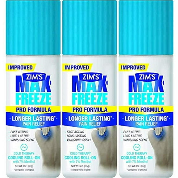 Zim's Max Freeze Muscle & Joint Pain Relief - Roll On - Greaseless, Vanishing Scent - Net Wt. 3 FL OZ (89 g) Per Bottle - Pack of 3