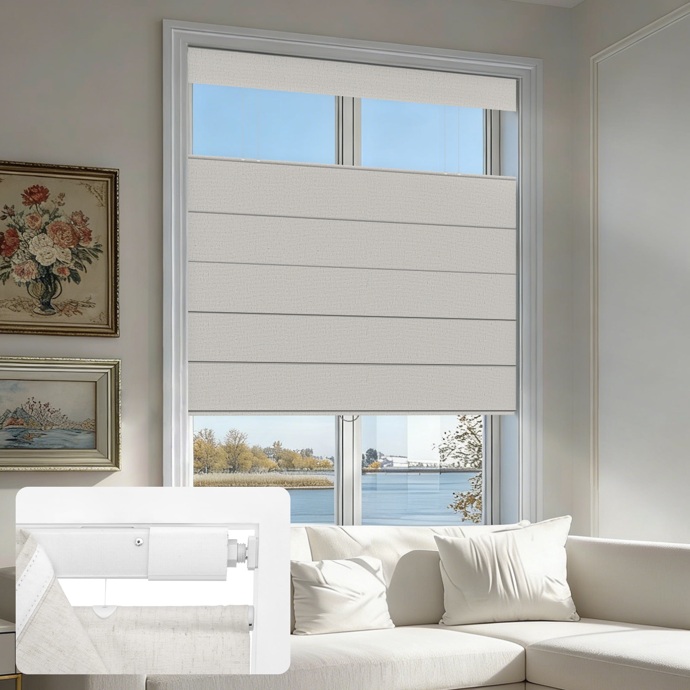 ZimJAHO No Drill Roman Shades – Top Down Bottom Up, Cordless Blackout Blinds for Bedroom, UV Blocking, Easy Install, Linen Ivory, 39"Wx64"H