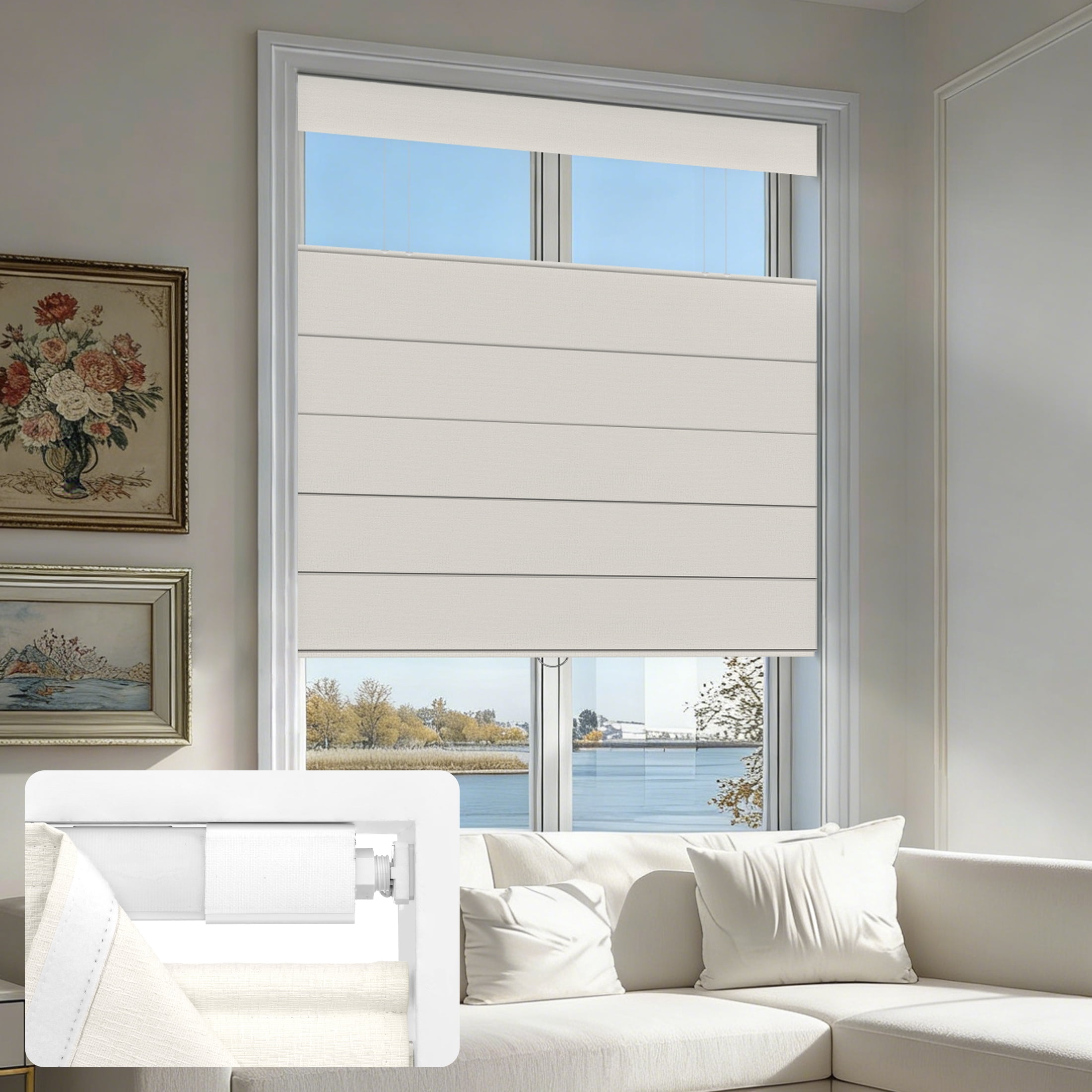 ZimJAHO No Drill Roman Shades – Top Down Bottom Up, Cordless Blackout Blinds for Bedroom, UV Blocking, Easy Install, White, 33"Wx48"H