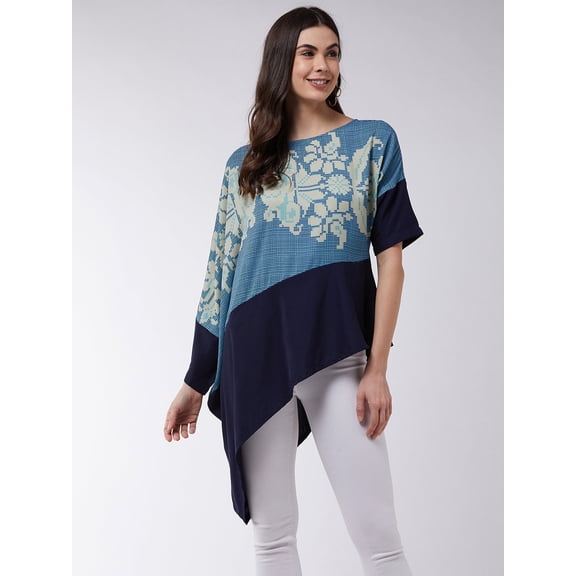 Zima Leto Womens Summer Abstract Printed Boat Neck Blue Color Woven Top With Stylish Asymmetric Loose Sleeves For Travel Vacation Beach Wear