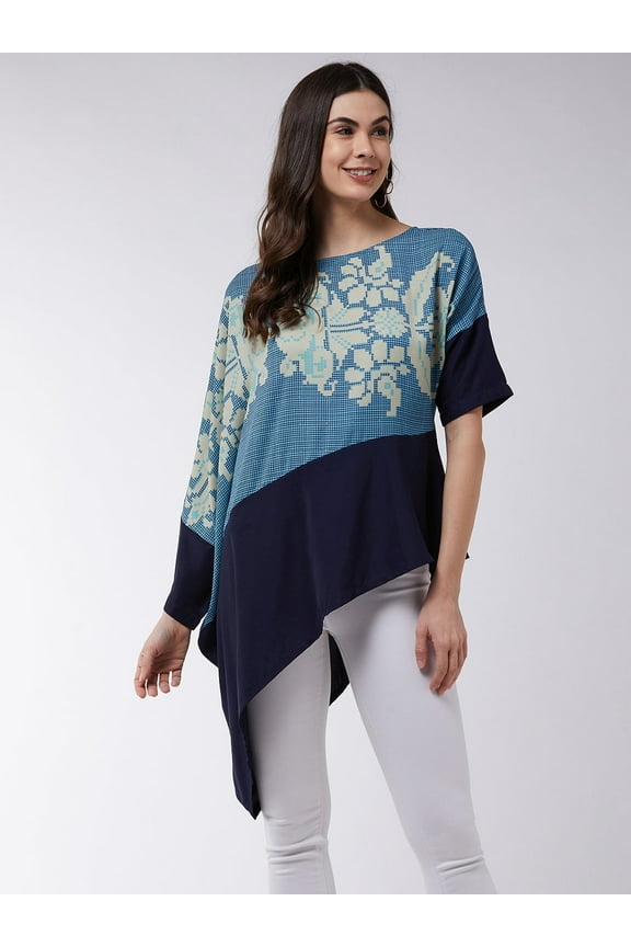 Womens Summer Abstract Printed Boat Neck Blue Color Woven Top With Stylish Asymmetric Loose Sleeves For Travel Vacation Beach Wear