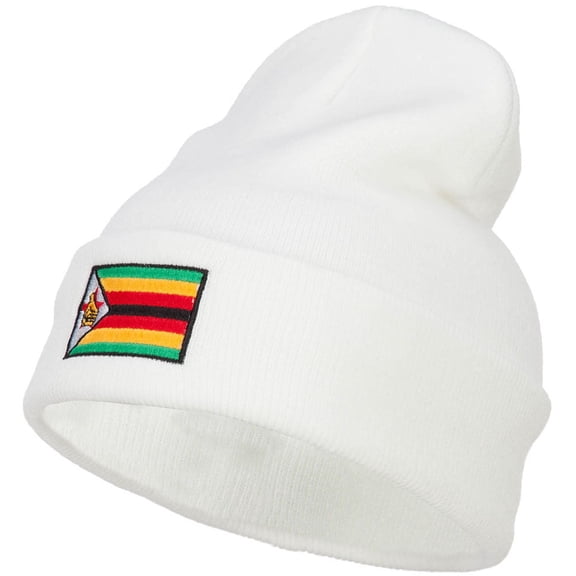 Zimbabwe Flag Embroidered Long Beanie - White OSFM