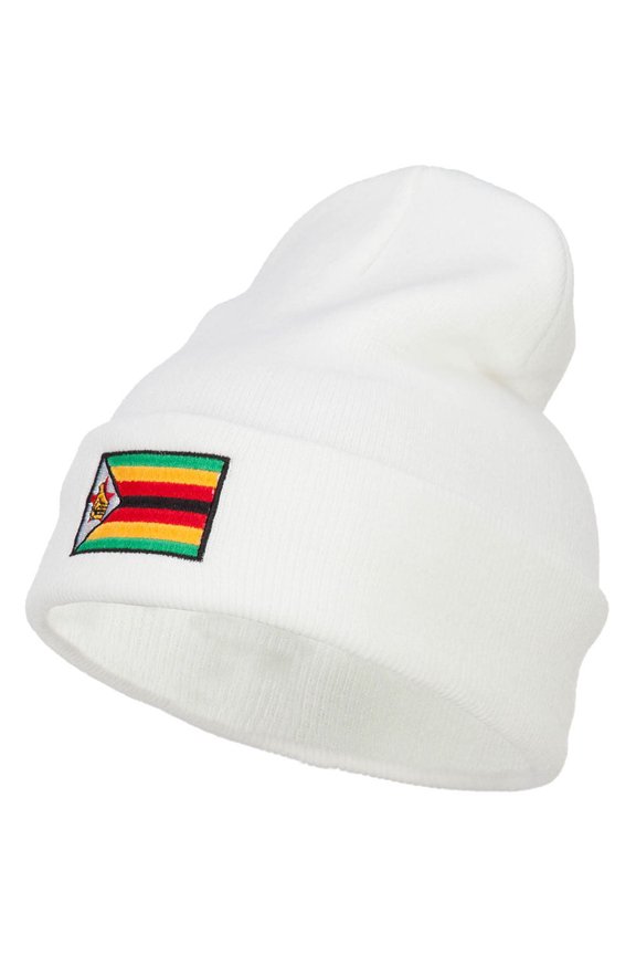 Zimbabwe Flag Embroidered Long Beanie - White OSFM