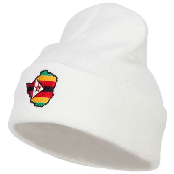 Zimbabwe Flag Map Embroidered Long Beanie - White OSFM
