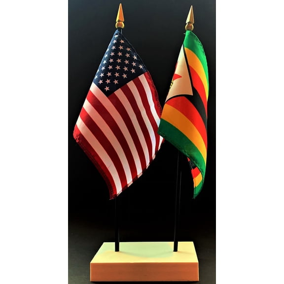 Zimbabwe Table Flag Set; One USA and International Rayon 4x6 inch Flag Plus a White Base