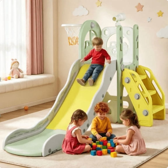Green Rocket Series 6 in 1 Toddler Slide, Green Sturdy Indoor Outdoor Kids Playset, Baby Climber Slide with Basketball Hoop for Ages 1-4