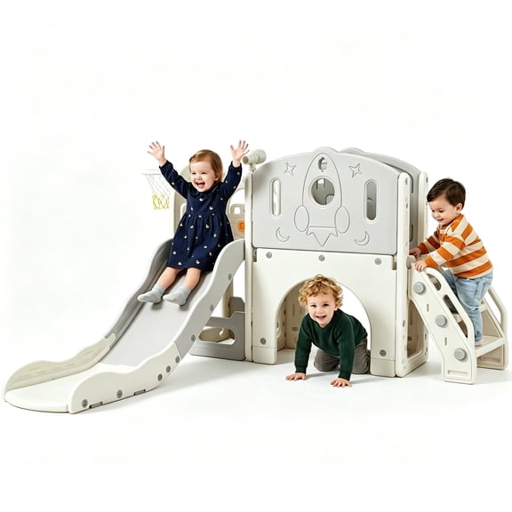 6 in 1 Toddler Playset, Grey Rocket Kids Slide, Indoor Outdoor Playground Climber for Ages 1-4