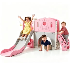 6 in 1 Toddler Playset, Pink Rocket Kids Slide, Indoor Outdoor Playground Climber for Ages 1-4