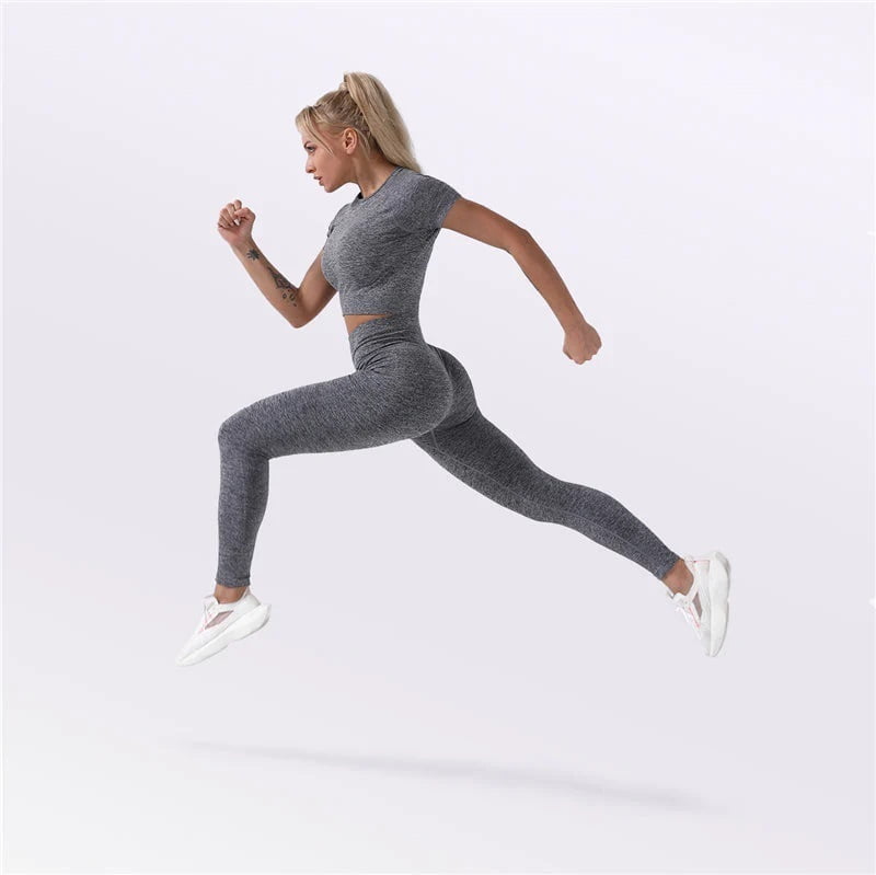 Zimi Womens Yoga 2 Pieces Workout Outfits Seamless High Waist Leggings Sports Crop Top Running