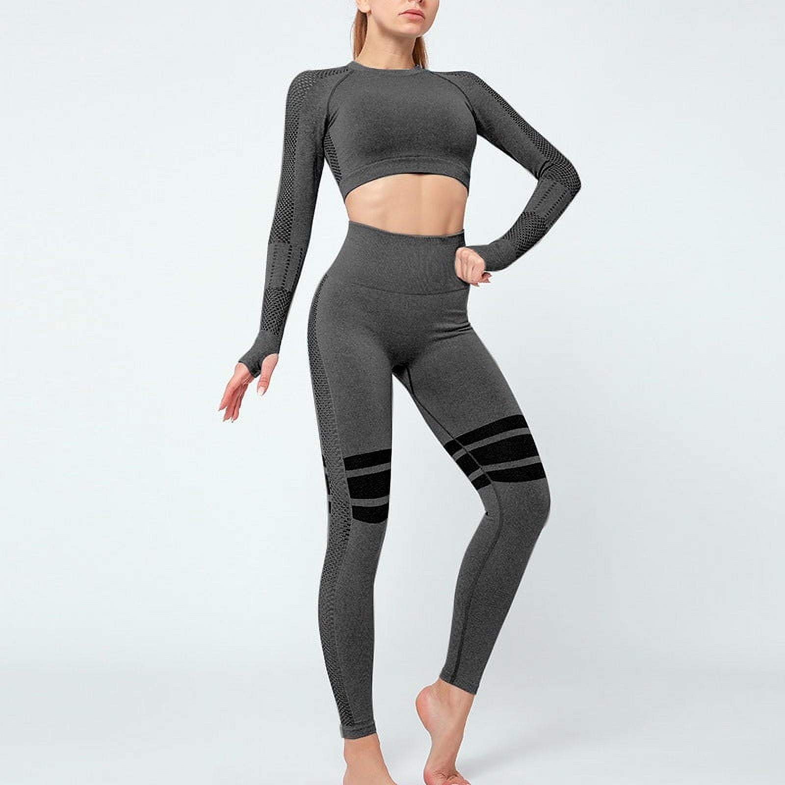 Seamless 2 Piece Outfits for Women Ribbed Long Sleeve Zip Front Crop Top  High Waist Leggings Set Yoga Workout Sets 