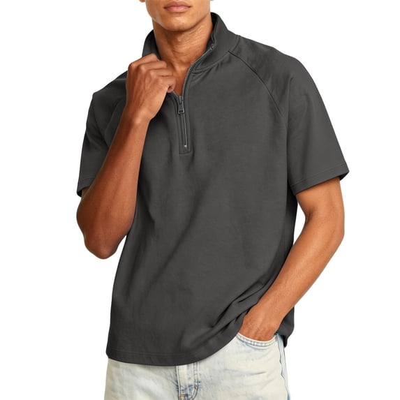 Zimjoy 1/4 Zipper T Shirts for Men Summer Big and Tall Short Sleeve Tshirts Stand Collar Casual Golf Polo Basic Shirts, Black L