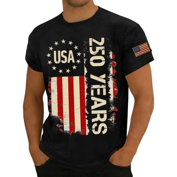 Zimjoy 250 Anniversary USA Men's T-Shirt Crewneck Short Sleeve Pullover Tops America Flag 1776-2026 We The People Men's T-Shirts, Black L