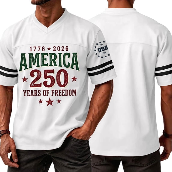 Zimjoy 250 Years of Freedom Men's Patriotic Cotton V Neck Jersey T-Shirt 1776-2026 America Striped Short Sleeve Tee for 4th of July Casual Sports White L