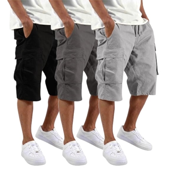 Zimjoy 3 Pack Long Cargo Shorts for Men Multi Pockets Fit Elastic Waist Drawstring Below Knee Travel Shorts, Black M