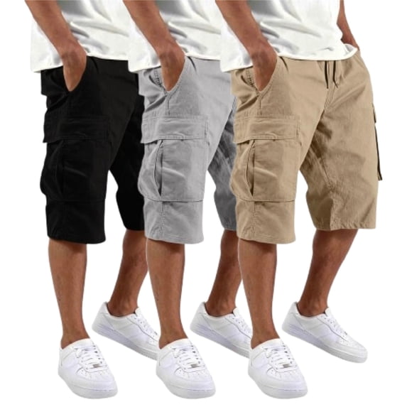 Zimjoy 3 Pack Long Cargo Work Shorts for Men Below Knee Elastic Waist Drawstring Cozy Shorts, Khaki M