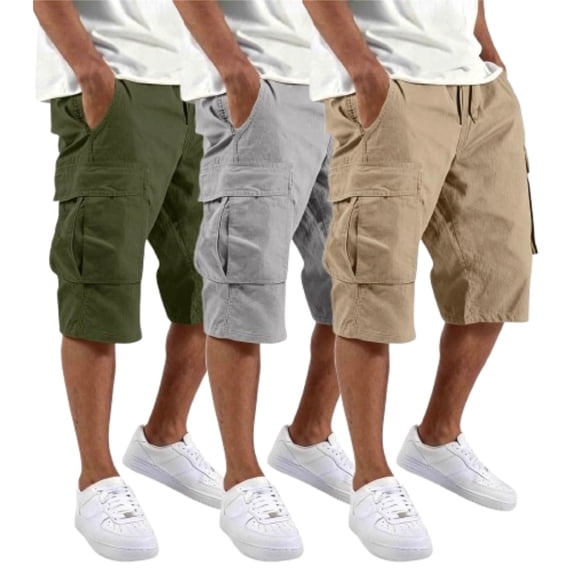 Zimjoy 3 Pack Long Relaxed Fit Cargo Shorts for Men Elastic Waist Drawstring Below Knee Casual Work Shorts with Pockets, Army Green XL