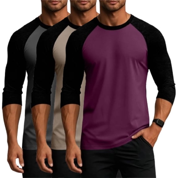 Zimjoy 3 Pack Men's Athletic T-Shirt Crew Neck Soft Stretch 3/4 Sleeve Raglan Color Block Casual Blank Baseball Workout Sports Top Khaki 2XL