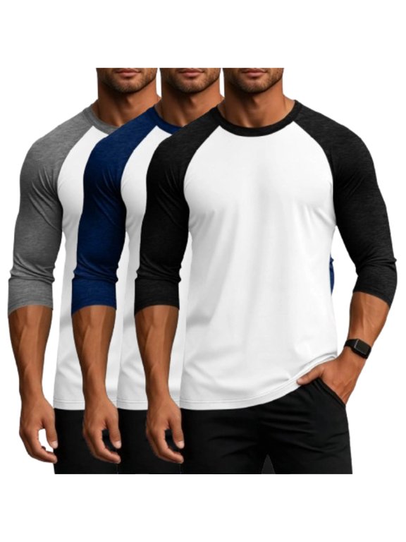 3 Pack Men's Baseball T Shirt 3/4 Sleeve Raglan Sleeve Soft Stretchy Crew Neck Color Block Casual Blank Plain Workout Top Gray S